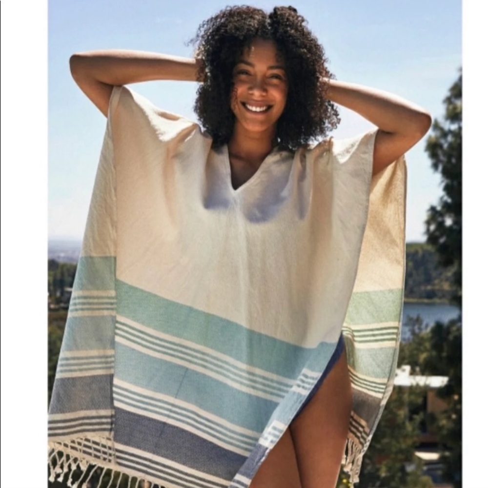 Tribe Alive Cream & Blue Striped Fringe Poncho